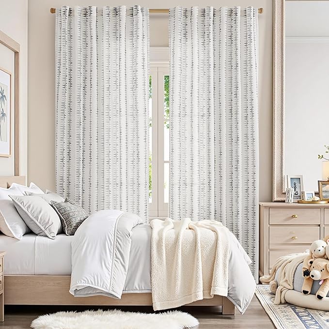 jinchan Linen Nursery Curtains for Living Room Boho Curtains for Bedroom Kids Room 63 Inches Long Geometric Printed Farmhouse Drapes Rod Pocket Window Treatment Curtain Set of 2 Panels Gray