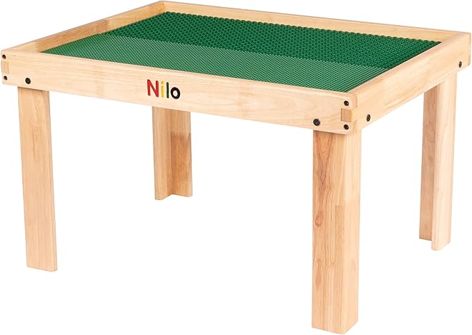 NILO Kids Play Table Set with 2 Compatible Lego Duplo Detachable Two-Sided Baseplates/Boards/Mats (N34 Activity Table Without Holes, 24x32x20 and 2X Green Base Plates 12x32)