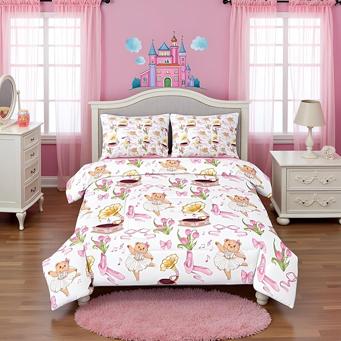 Pink Bowknot Princess Comforter Twin Size,Ballet Shoes Bear Dancer Cartoon 7 Pcs Bedding Set,Tulip Flower Music Note Record Decor,Bow Tie Romantic （Fitted+Sheet+2 Pillowcases+2 Throw Pillow Covers）