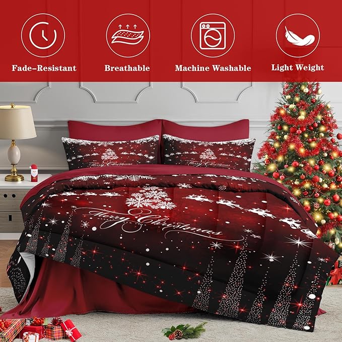 7 Pcs Full Size Christmas Comforter Set with 2 Pillowcases & 2 Shams, Dark Red Winter Snowflake Bedding for Kids and Adults, Merry Xmas Bed in a Bag with Flat Fitted Sheet