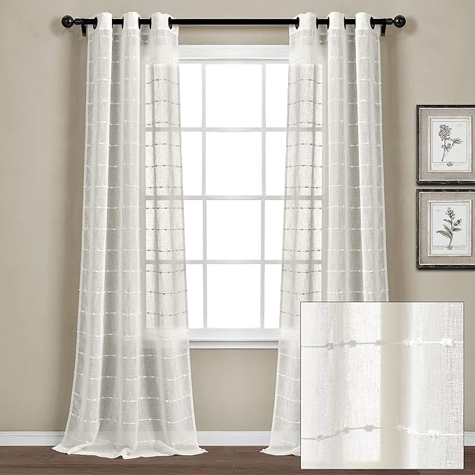 Lush Decor Farmhouse Textured Grommet Sheer Window Curtain Panel Pair, 38"W x 108"L, White
