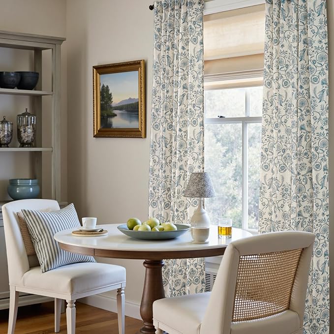 jinchan Linen Floral Curtains for Living Room with Printed Flower 84 Inches Long Light Filtering Farmhouse Window Treatment Vintage Drapes Back Tab Rod Pocket 2 Panels Blue on Beige