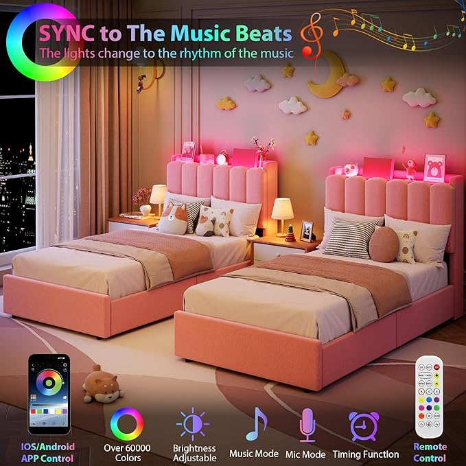 Garvee LED Twin XL Bed Frame with Storage Headboard, Kids Bed Frame with 2 Drawers, Boucle Upholstered Platform Bed for Girls, Chic Wavy Headboard with Bookcase, No Box Spring Needed, Pink