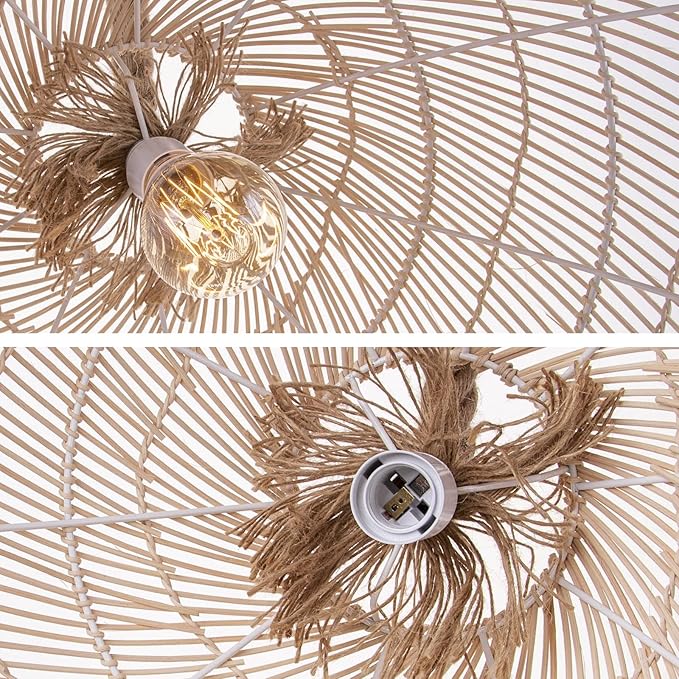 Arturesthome 1 Light Natural Rattan Pendant Light Fixture,Woven Pendant Light Wicker Chandelier,Hanging Ceiling Light,Handmade Lampshade,Rope Lamp for Kitchen Island W19.6in X H 17.7in