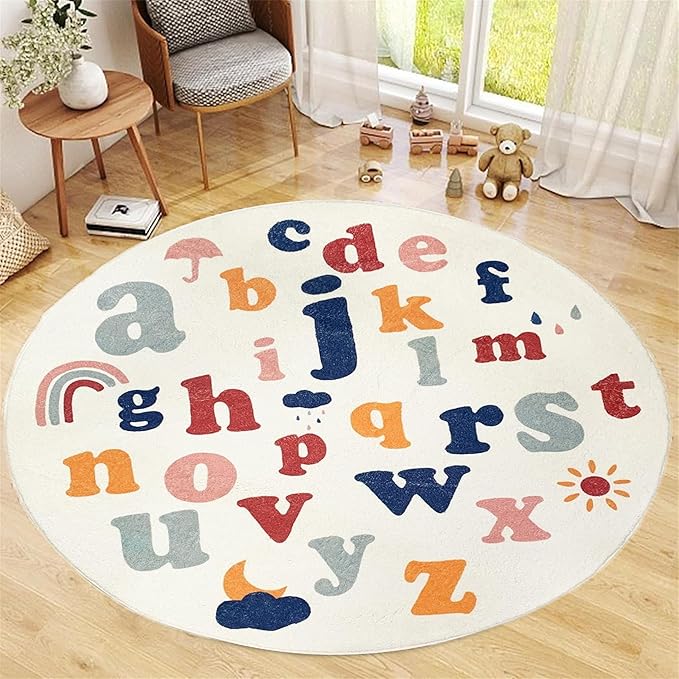 ABC Round Rug,4ft,Children's Educational Learning Area Rug, Colorful Alphabet Kindergarten Area Rug, Soft Fluffy Faux Cashmere Baby Crawling Mat for Living Room, Bedroom, Children's Room