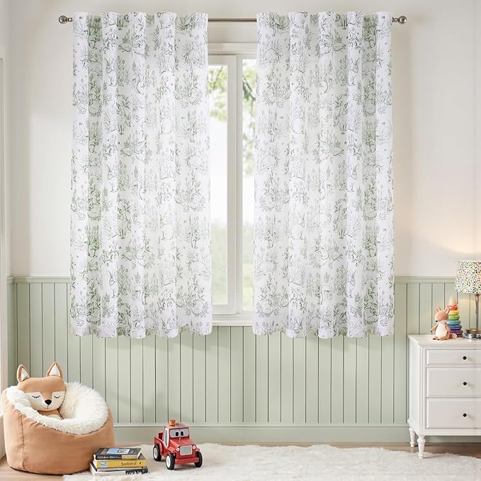 jinchan Linen Nursery Curtains 63 inch Long Woodland Wildlife Sage Green Print Drapes for Kid's Room Light Filtering French Country Farmhouse Curtains with Bunny and Forest Design Set of 2 Panels