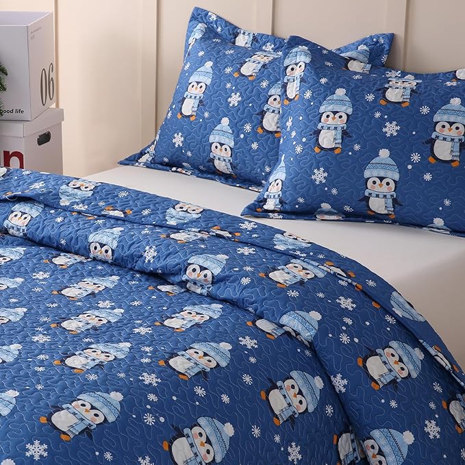 JSD 2 Pcs Kids Christmas Quilt Set Twin Size, Blue Penguin Christmas Theme Bedding, Soft Microfiber Bedspread Coverlet Holiday Quilted Blanket