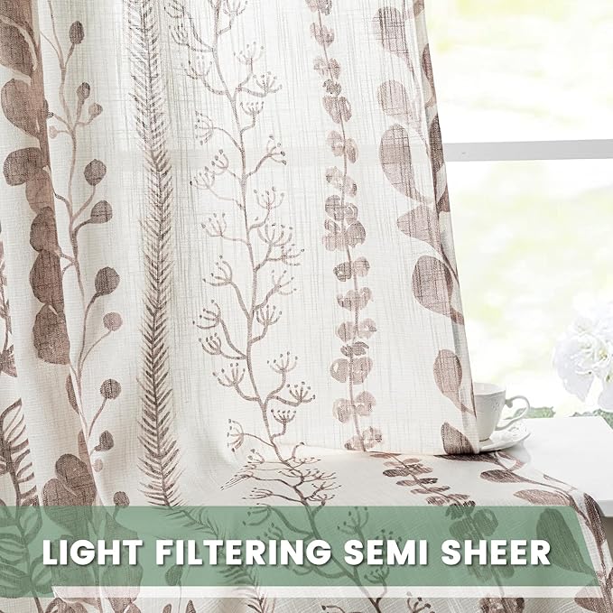 MEETSKY Flax Linen Boho Curtains 95 Inches, 2 Panels Light Filtering Window Modern Cotton Curtain for Living Room Brown Leaf Printed Soft Rod Pocket Curtain for Bedroom Office, 52x95 Inch