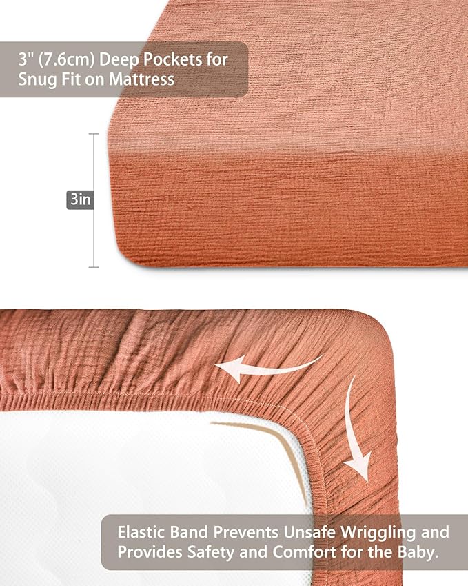 Pack and Play Sheets for Baby Boys and Girls 39"x27"x3", Neutral Muslin Cotton Pack N Play Mattresses Sheet with Boho Style, Soft and Breathable Comfort (Brick)