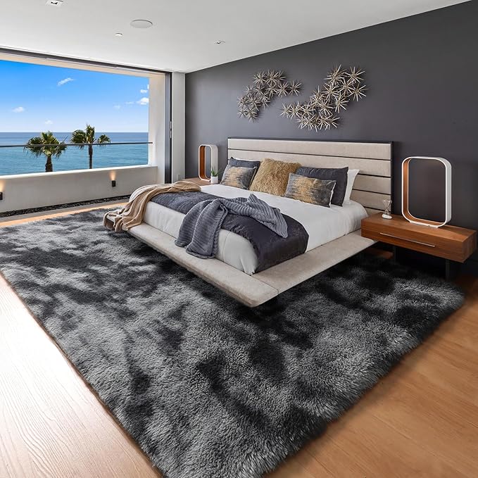 ONASAR 6x9 Area Rugs for Living Room Bedroom, Tie-Dyed Dark Grey Washable Large Fluffy Bedside Throw Rug, Soft Plush Shaggy Fuzzy Floor Carpet for Nursery Kids Girls Boys Teen Dorm Home Decor