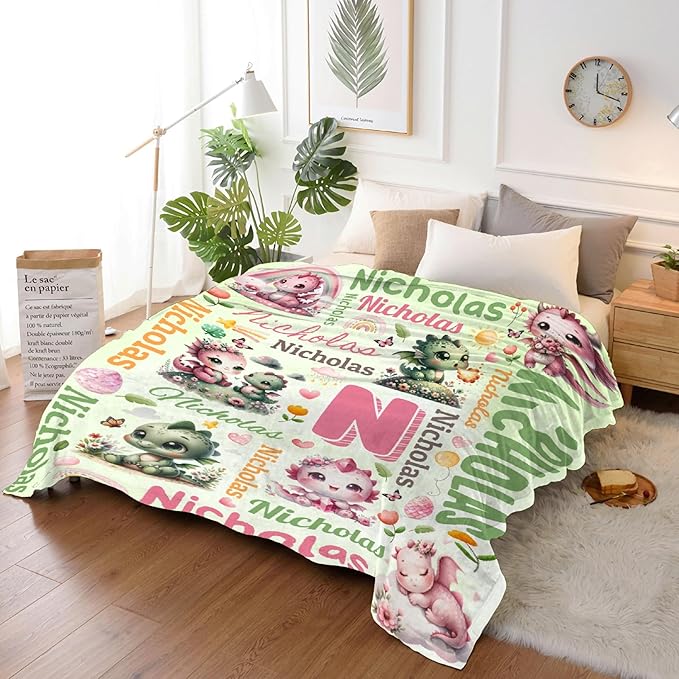 Personalized Custom Dragon Floral Blanket Gifts for Kids Boys Girls with Name - Customized Dragon Floral Super Soft Lightweight Flannel Sheets Decor for Crib Nap Couch - 50"x60" for Teens