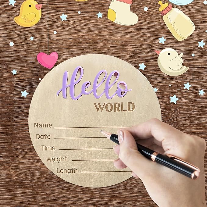 Baby Announcement Sign, 5.9 Inch Wooden Hello World Newborn Signs, Birth Announcement Sign, Baby Shower Hospital Nursery for Newborn Boys and Girls… (Purple)