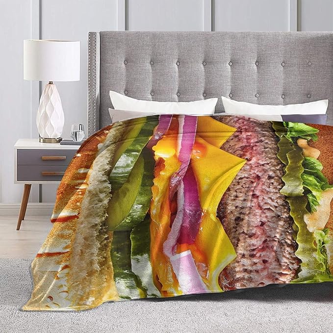 Hamburger Blanket for Girls Boys Funny Food Burger Throw Blankets Soft Cozy Warm Fuzzy Fleece Cheese Beef Pickles Bedding Flannel Throws Stuff Gifts for Kids Men Women Bedroom Decor 80"x60"