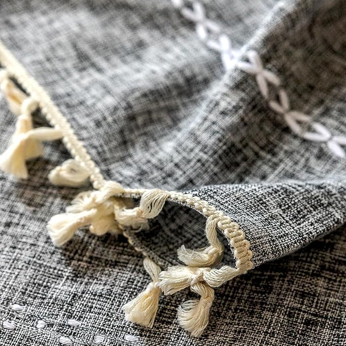 Deeprove Grey Boho Curtains 84 inches Length for Bedroom Living Room, Dark Coal Gray Bohemian 84 inches Long Embroidery Farmhouse Privacy Style Tassel Window Treatments, W52 x L84, 1 Panel