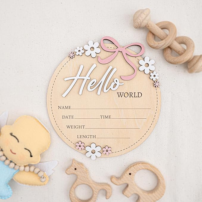 Wooden Baby Announcement Sign 6 Inch Round Birth Stat Plaque with Floral and Bow Design (Hello World)