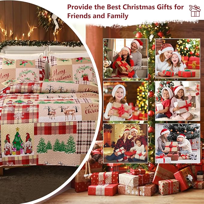 Christmas Bedding Set Queen Christmas Quilt Bedspread,Gnome Santa Claus Plaid Patchwork Xmas Quilt Set Bedding Holiday Christmas Quilts Decor Gift Elk Pattern Lightweight Reversible Bedspread Coverlet