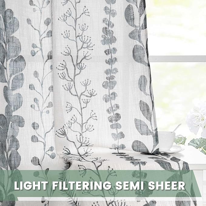 MEETSKY Cotton Curtains 95 Inches Length for Living Room Boho Light Filtering Window Leaf Print Classical Drapes Back Tab Bohemian Decorative Burlap Effect Drapes for Bedroom, 50x95 Inch, 2 Panels