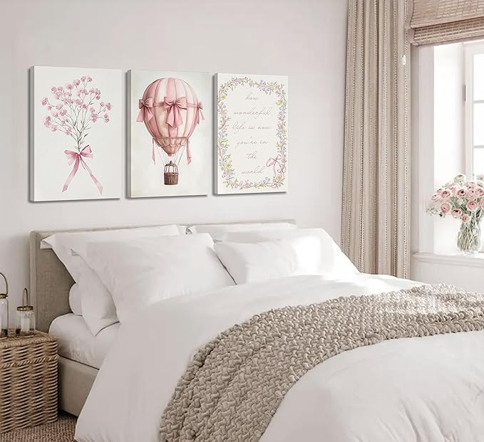 3Pcs Pink Nursery Canvas Wall Art Pictures Cute Baby Girls Room Posters Print Neutral Pink Bow Bouquet Hot Air Balloon Pastel Painting Wall Decor for Kids Room Little Girl Bedroom 12x16in Framed