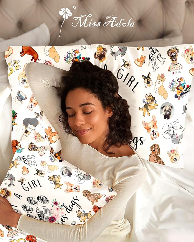 Silk Pillowcase 2 Pack - Cute Pillow Cases 20" x 26" Standard Size Set of 2 for Hair and Skin Smooth Soft Breathable with Hidden Zipper Cooling Pillow Covers for Sleeping, Little Puppy