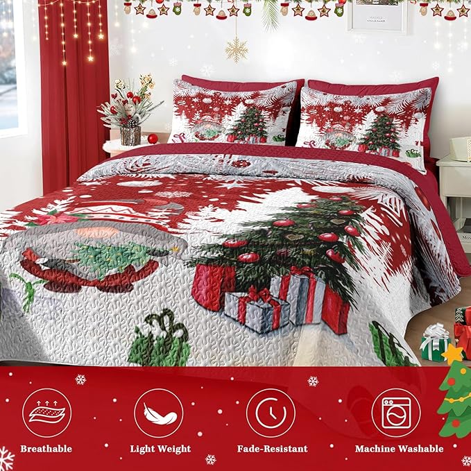 Christmas King Size Quilt Set, Cute Gnome Lightweight Bedspread Coverlet with Pillow Shams for Kids and Adults, Merry Xmas 3 Pcs Bedding Bed Cover