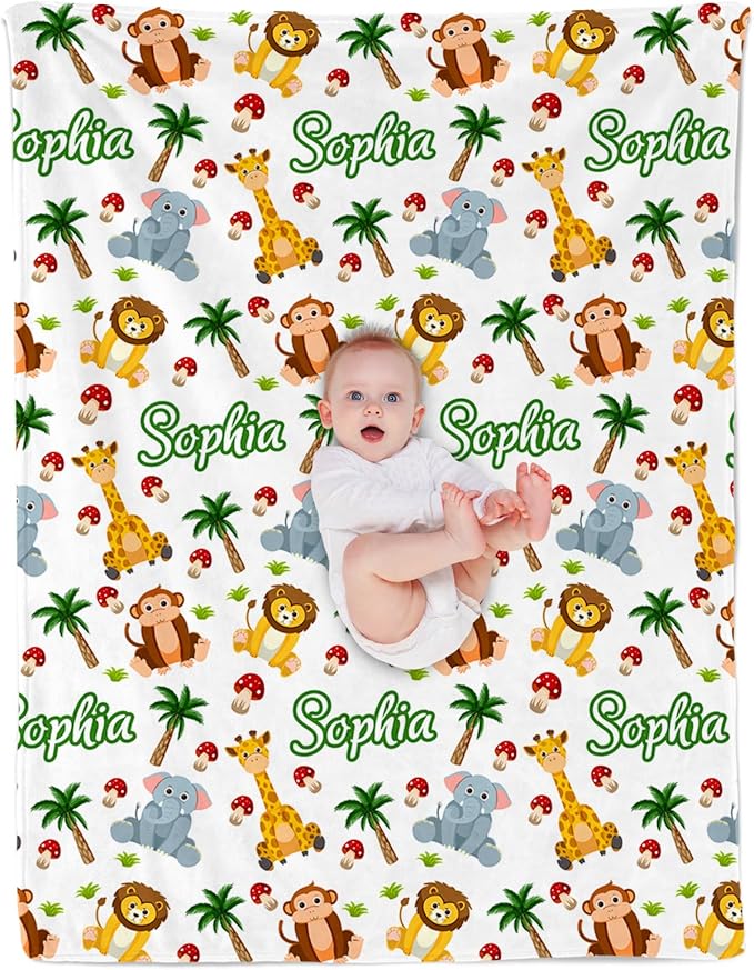 Custom Safari Animals Blanket Gift, Personalized Baby Blanket with Name, Soft Plush Flannel/Sherpa Fleece Throw Blankets for Toddler Kid Teen Boys Girls Color06