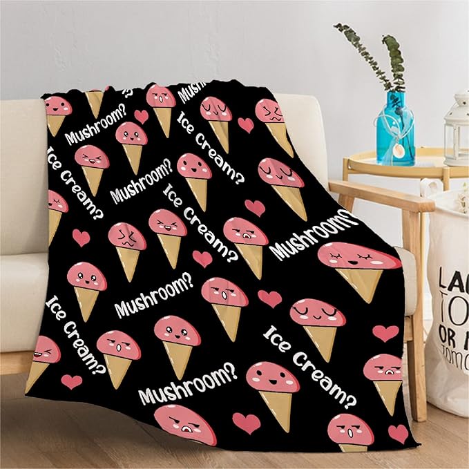 Thuswarm Mushroom Or Ice Cream Flannel Throw Blanket Warm Cozy Soft Funny Print Blankets for Bed Couch Sofa Room Decoration Gifts 120"×90" Extra Large for Family