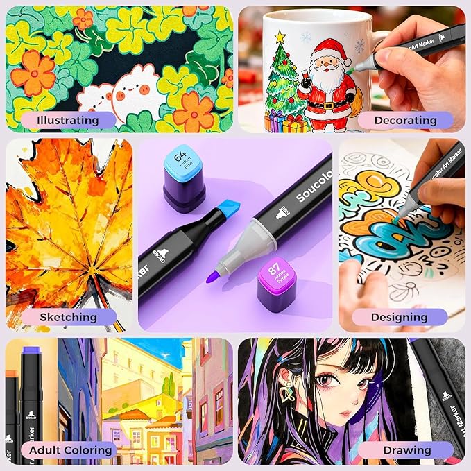 Soucolor Alcohol Markers 204 Colors with Case & Holders, Dual Tips Chisel & Fine Art Markers for Adult Coloring Kids Drawing, Artist Markers Art Supplies for Blending Sketching