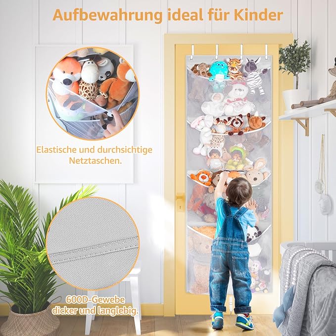 Hanging Stuffed Animal Storage, Over Door Large Plush Toy Organizer with Metal Hook, Baby Accessory Holder Idea for Nursery, Doll & Bear Mesh Hammock Bag for Girl Boy Kid Room