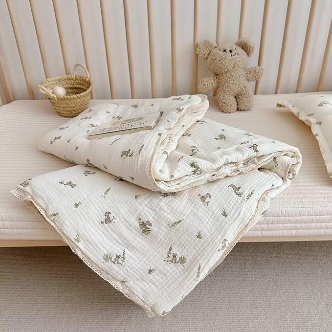 BuLuTu Cartoon Bunny Gauze Toddler Quilt Kids Blankets for Girls Boys, Soft Breathable Cotton Muslin Kids Comforter Quilted Blanket with Cute Rabbit Pattern, 47"x59", No Pillow