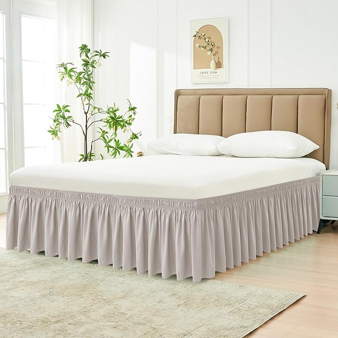 Biscaynebay Wrap Around Bed Skirts for Queen Beds 15" Drop, Camel Grey Adjustable Elastic Dust Ruffles Easy Fit Wrinkle & Fade Resistant Silky Luxurious Fabric Machine Washable