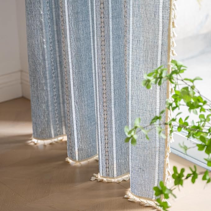 Deeprove Blue Boho Curtains 84 Inches Long for Bedroom Living Room Kitchen, Bohemian Chic Textured Embroidery, Vintage Handmade Tassels Farmhouse Decor Drapery, Rod Pocket, 1 Panel W52 x L84