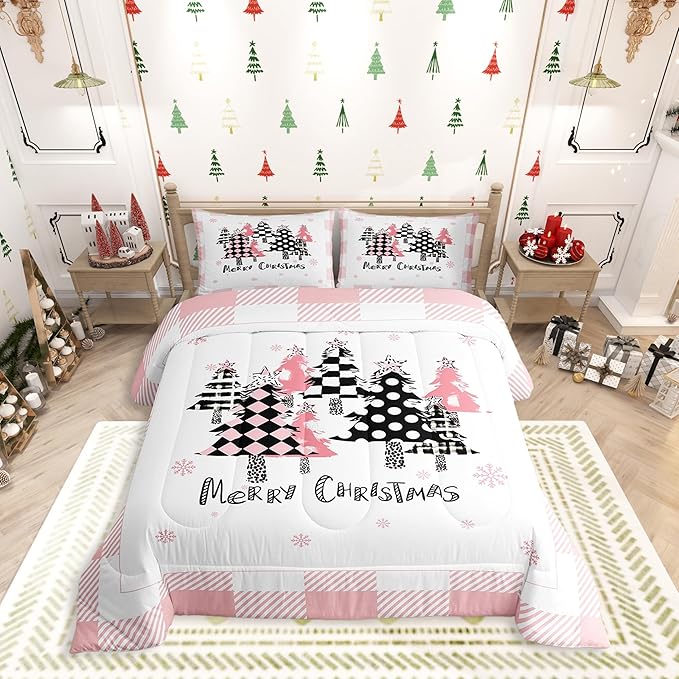 Manfei Merry Christmas Comforter Set King Size, Pink Plaid Xmas Trees Bedding Set 3pcs, New Year Cartoon Down Comforter for All Season, Kids Girls Santa Claus Bedroom Decor, 2 Pillowcases, No Sheets