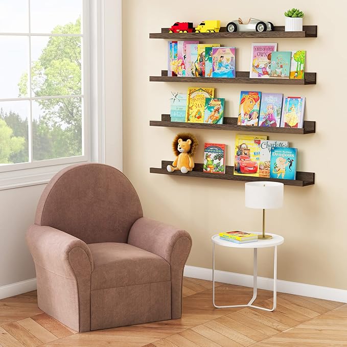 Forbena 36 Inch Long Picture Ledge Shelf, Wooden Floating Shelves for Wall with Lip, Dark Brown Wall Mounted Bookshelf Bookshelves for Living Room Bedroom Office Books Photos (Real Wood, Set of 4)
