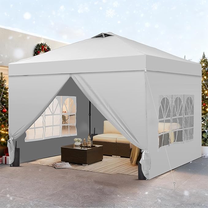 GDY 10x10 Pop Up Canopy Tent with 4 Sidewalls, Easy Set up with One Push Lift Outdoor Silver Coated Beach Gazebos, Carpas with 4 Sandbags, for Pool, Events, Parties, and Camping, White.
