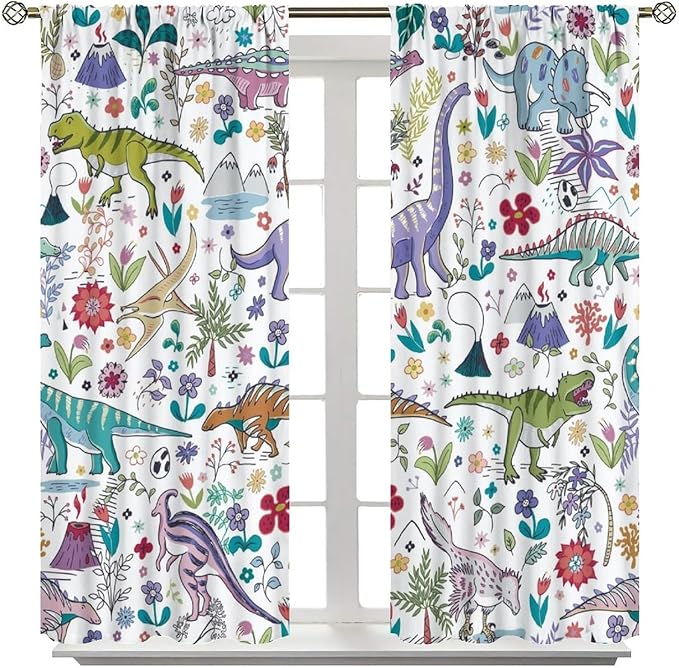 Dinosaur Curtains Cartoon Cool Funny Dino Tropical Plant Leaves Flowers Aesthetics Art Print for Kids Boys Bedroom Living Room Rod Pocket Decoration Window Drapes 2 Panels W36xL63in