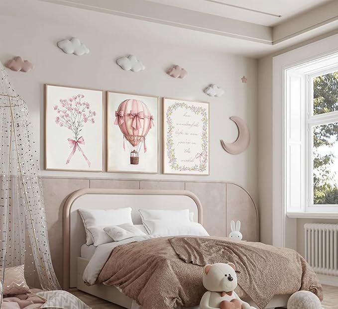 3Pcs Pink Nursery Wall Art Pictures Cute Baby Girls Room Posters Print Neutral Pink Bow Bouquet Hot Air Balloon Pastel Painting Wall Decor for Kids Room Little Girl Bedroom 16x24in Unframed