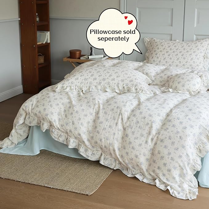 BuLuTu Cottage Chic Ruffled Duvet Cover Full, Blue Floral Quilt Cover 79"x90", 1 PC, Soft Muslin Cotton Comforter Cover Farmhouse Bedding Duvet Cover, No Comforter Insert/Pillowcase