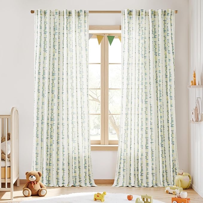 jinchan Linen Nursery Curtains for Living Room Boho Curtains for Bedroom Kids Room 96 Inches Long Geometric Printed Farmhouse Drapes Rod Pocket Window Treatment Curtain Set of 2 Panels Green