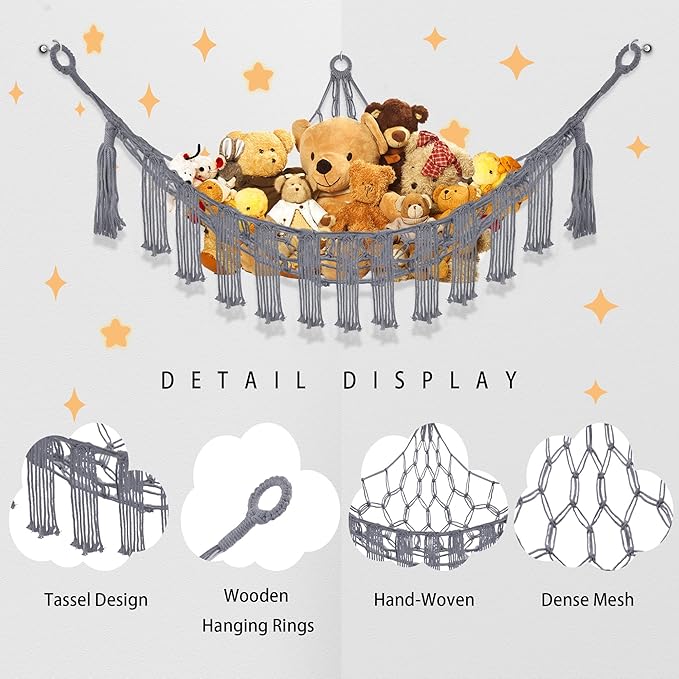 Stuffed Animal Hammock with LED Light, Large Stuffed Animals Storage Corner Plushie Net for Kids Room Decor, Grey
