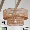 23.62" 6-Light Rattan Farmhouse Chandelier, Boho Large Pendant Light, Large Wicker Chandelier Light Fixtures, Hand Woven Chandeliers, for Dining Room