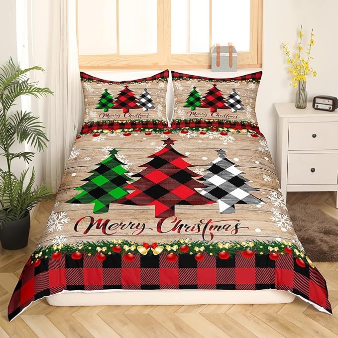 Manfei Plaid Tree Duvet Cover Set King Size, Wooden Stripe Print Bedding Set 3pcs for Kids Boys Girls Bedroom Decor, Christmas Theme New Year Comforter Cover with 2 Pillowcases,No Comforter