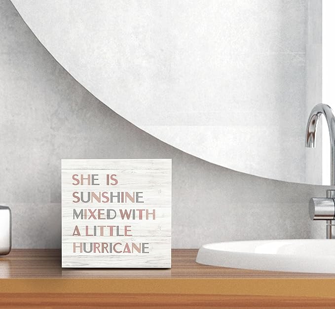 SRADMO She Is Sunshine Mixed with a Little Hurricane Boho Wood Box Sign Desk Decor, Baby Girls Inspirational Quotes Wooden Block Box Sign Decoration For Girls Room Nursery Playroom Shelf Table Decor