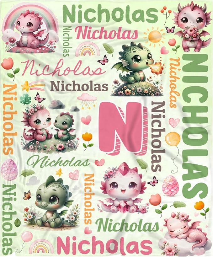 Personalized Custom Dragon Floral Preschool Blanket Gifts for Baby Toddler Kids Boys Girls - Customized Dragon Floral Soft Lightweight Flannel Sheets Decor for Crib Nap Couch - 30"x40" for Baby/Pets