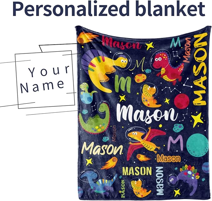 Personalized Dinosaur Blanket for Boys, Custom Name Blanket for Teen Dino Outspace, Soft Flannel Dinosaur Toddler Blanket Customized Gift for Birthday 50"x60"