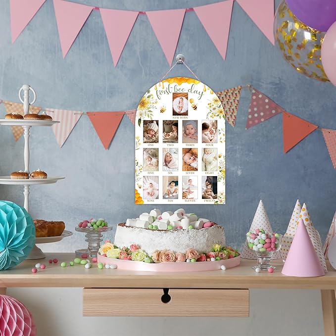 First Bee Day My First Year Photo Board, Bee Baby Milestone Signs for Boys Girls Nursery Decor, 12 Month Wooden Picture Board for 2x3 Photos, Best Babies Keepsake Gifts-A18