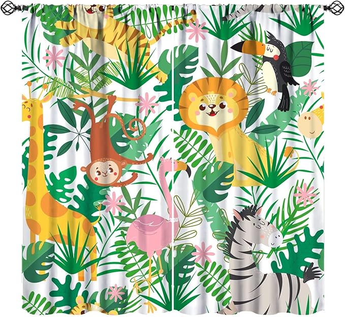 Jungle Animals Curtains Cartoon Cute Lion Giraffe Monkey Zebra Woodland Art Printed for Children Girls Boys Bedroom Nursery Rod Pocket Decoration Window Drapes 2 Panels W42xL84in