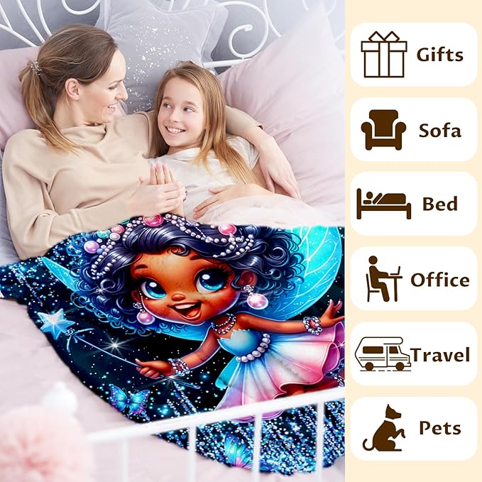 Girls Fairy Blanket, Fairy Throw Gift for Kids Daughter Birthday, 50x60 Inches Lightweight Soft Cute Black Throw Blankets for Sofa Couch Living Room Bed