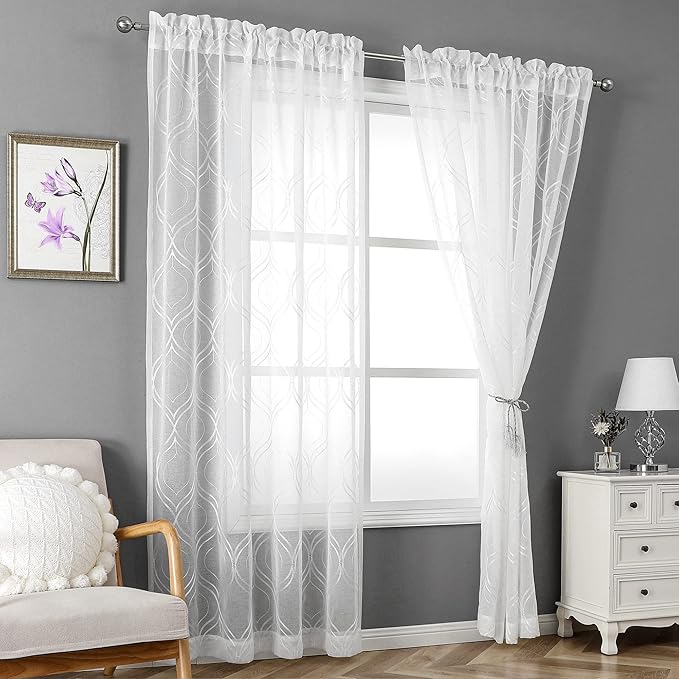 VISIONTEX White Sheer Curtains 72 Inches Long 2 Panels Set Moroccan Embroidered Curtains Trellis Decor French Textured Rod Pocket Voile Tulle Semi Window Drapes for Bedroom Living Room 54 x 72 Inches