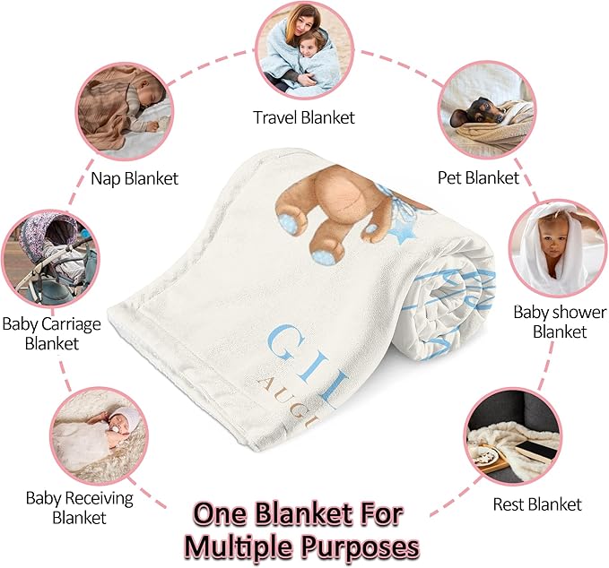 Ship Next Day, Personalized Baby Blanket for Boys Girls, Custom Baby Blankets with Name, Customized Newborn Receiving Blanket for Swaddle Toddler, Kids Blankets Unisex Christmas Birthday Gifts