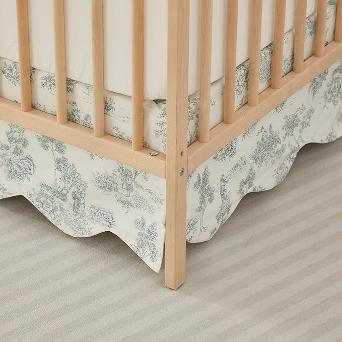 Brandream Scallop Edge Cotton Crib Skirt French Country Toile Toddler Bedskirt Baby Nursery Crib Bed Skirt Boho Bohemian Neutral Vintage Green Toile Floral Farmhouse Chic Boho Bohemian Skirt